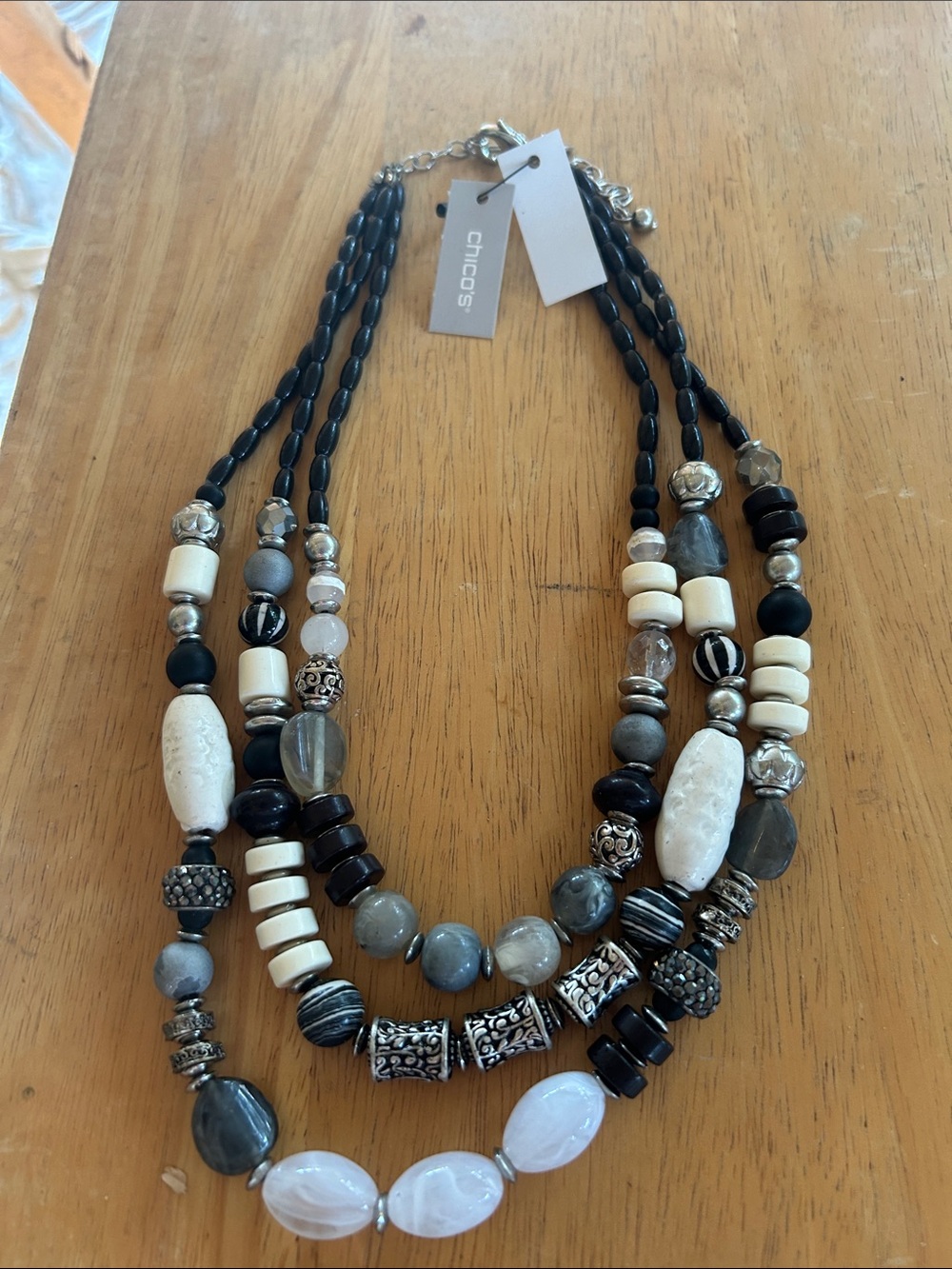 Chico's Black, White and Gray Multi-Strand Beaded Necklace
